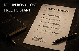 A website agreement: custom design, no upfront cost, 2–4 week delivery, love it or walk